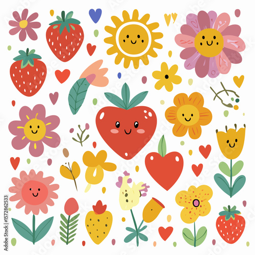 Set of naive retro doodles. Cute flowers, hearts, strawberry, cherry, smiling faces and other shapes. Abstract groovy decor. 70s disko party aesthetic. Funky vector elements for card, poster ...