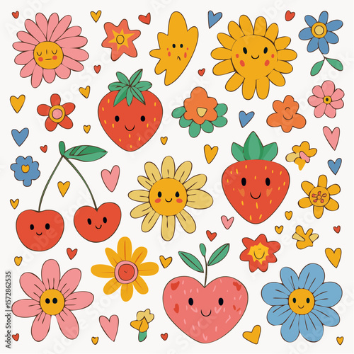 Set of naive retro doodles. Cute flowers, hearts, strawberry, cherry, smiling faces and other shapes. Abstract groovy decor. 70s disko party aesthetic. Funky vector elements for card, poster ...