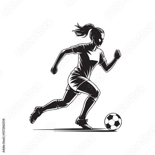 A female soccer player dribbles the ball with speed and determination