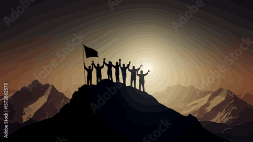 Silhouette graphic of success on a mountain peak with a flag, suitable for achievement concepts and leadership themes.