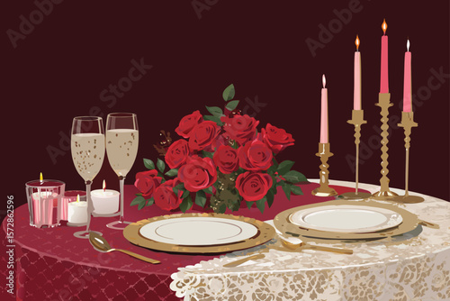 Digital illustration of a charming romantic dinner scene featuring candles and roses.