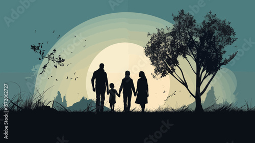 A serene family stroll at dusk, a stylized design suitable for backgrounds, prints, or showcasing family values and nature.
