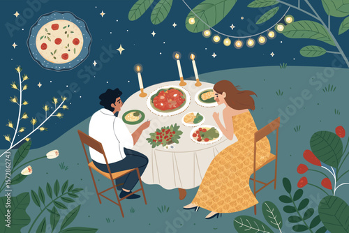 Overhead vector art illustrating a romantic outdoor dinner table setting.