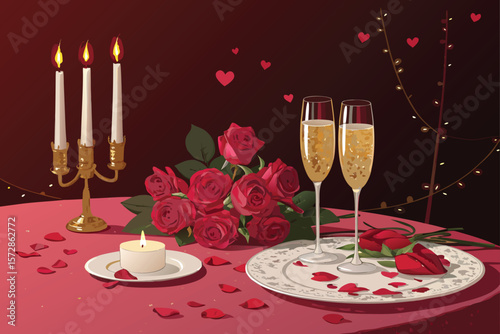 A charming vector illustration of a romantic dinner scene, complete with glowing candles and beautiful roses.
