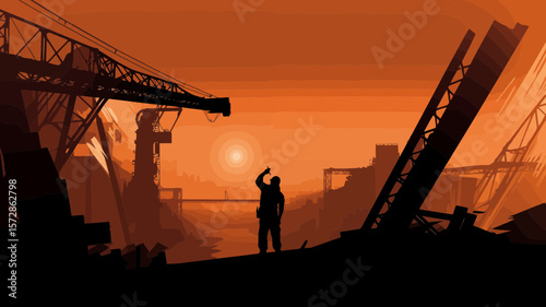 Dramatic silhouette of a man in a desolate, industrial landscape, featuring construction cranes and a sunset glow, ideal for various design projects.