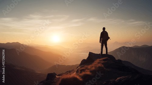 A silhouette of a person standing atop a mountain peak during a golden sunset, ideal for travel or adventure themes.