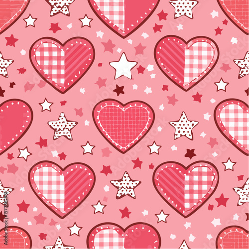 Seamless Vector Pattern with Checkered Hearts and Stars in Y2K Style, Emo Goth Aesthetic in Pink, Perfect for Fabric Prints, Wallpaper, Wrapping Paper, and Valentine's Day Decorations.