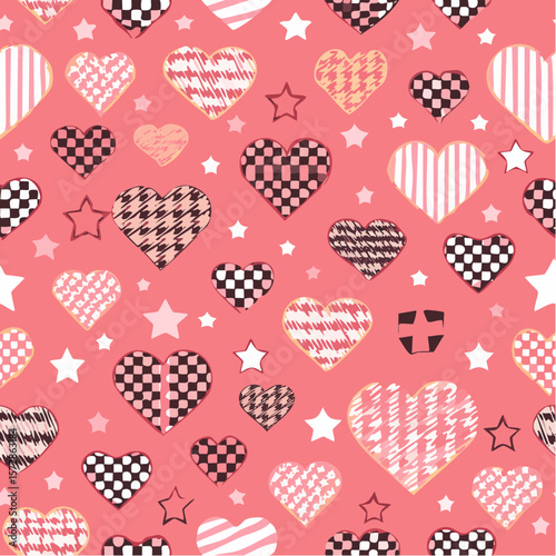 Seamless vector pattern with y2k checkered hearts and stars. Pink emo goth background with love symbols. Cute texture for wrapping paper, wallpaper, fabric, print, cover design. Valentine day ...