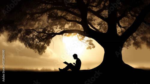 A stylized graphic showing a reader under a tree at sunset, suitable for book covers, educational resources, or peaceful nature themed designs.