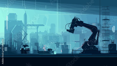 Futuristic factory scene with robotic arms, offering a modern industrial design for manufacturing and technology concepts.