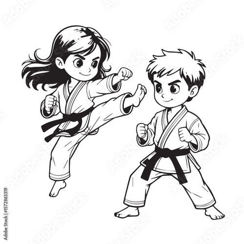 A girl and boy in karate uniforms demonstrate dynamic stances during a playful sparring match