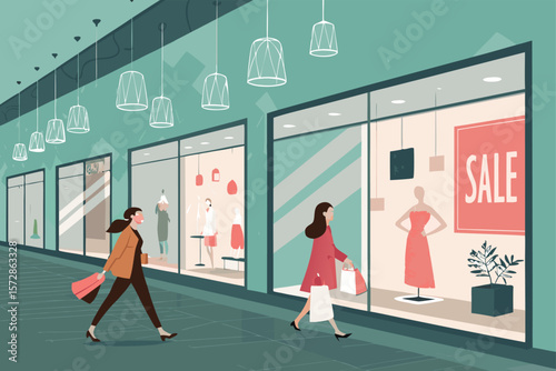 Vector illustration of a bustling fashion mall interior.