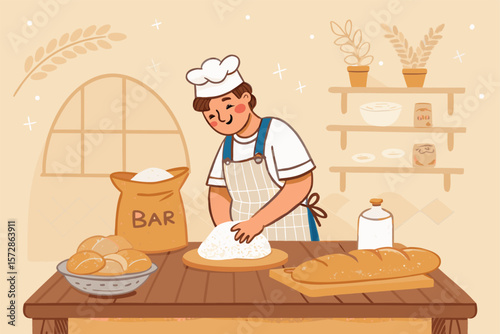 Cheerful baker happily kneading dough.