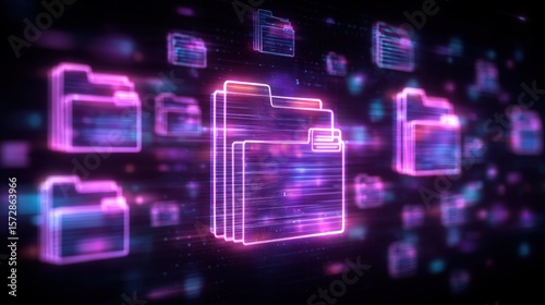 Abstract network grid with files and folders, futuristic software interface, digital document management system, store, search and organize documents, corporate business, paperless office
