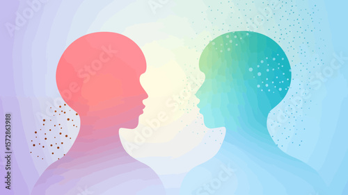 Conceptual design showing two facing individuals, highlighting connection, understanding, and the human mind, rendered with soft colors and geometric styling.