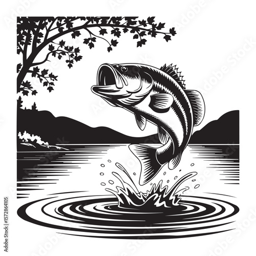A majestic largemouth bass leaps from the water, creating a splash against a serene lakeside backdrop
