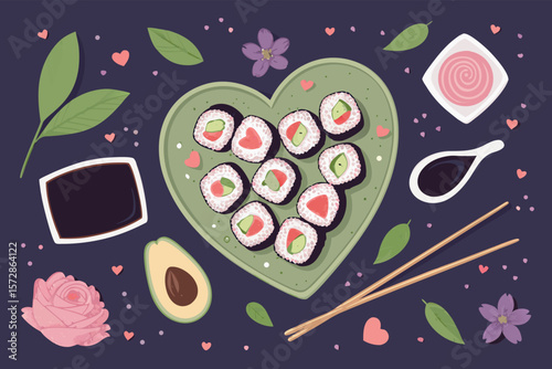 A romantic vector illustration of a vegan sushi night, featuring heart shapes and cozy ambiance.