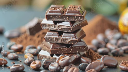Stack of dark chocolate bars sits on cocoa powder surrounded by cocoa beans with a blurred cocoa pod in background. Perfect for themes of chocolate making