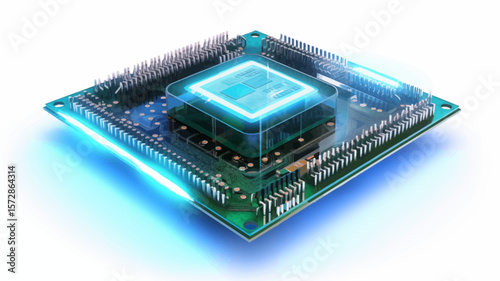 Glowing microchip design showcases advanced technology, perfect for presentations about computing, semiconductors, or electronic engineering.