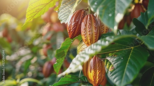 Vibrant cocoa pods ripen on tree branch with sunlight and water droplets. Perfect for themes of organic farming, chocolate production and sustainable agriculture