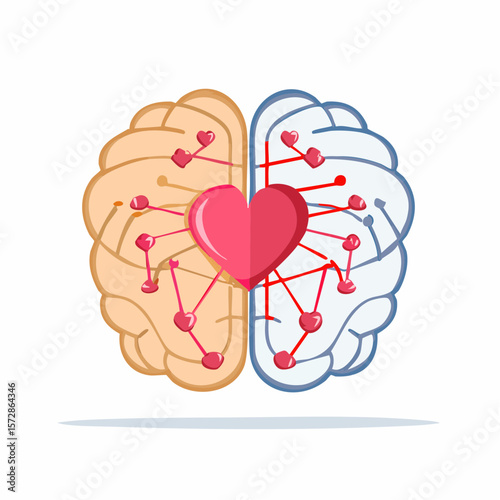 Brain and Heart Connection: A vibrant illustration showcasing a human brain divided, with a heart connecting both hemispheres, symbolizing the intricate link between intellect and emotion.