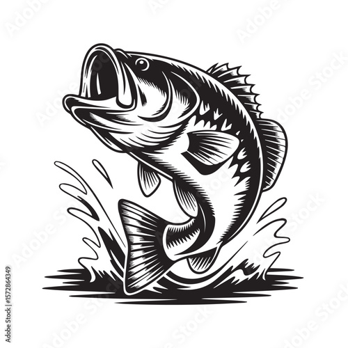 A powerful largemouth bass dramatically leaps from the water, splashing around it