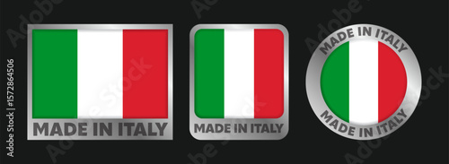 Made in Italy badges design. Labels with Italian flag in silver frames. The mark of the manufacture country. Emblem for product. Vector illustration.