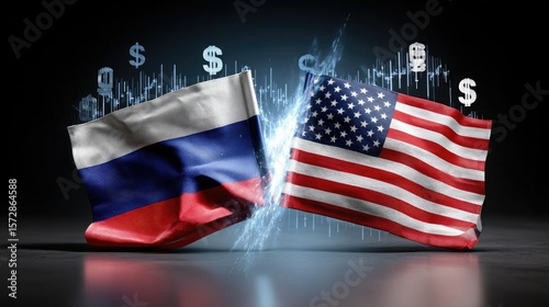 Russian and American flags clash with a burst of energy and dollar signs, symbolizing financial and geopolitical tension between the two nations.