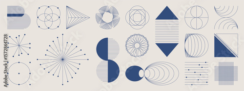 Abstract minimal element mid century modern vector set. Aesthetic contemporary stripe line art, geometric shape in blue indigo. Art form design for wall art, decoration, wallpaper.