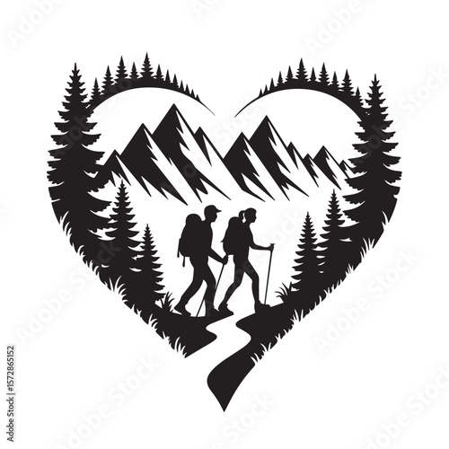 A romantic couple hikes through a heartshaped forest towards majestic mountains