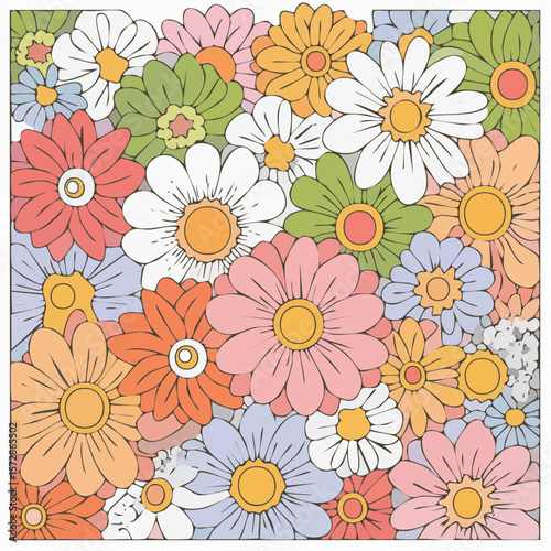 Contour groovy flowers in 70s and 60s style. Vintage hippie outline bouquet. Psychedelic seventies daisies. Vector coloring page.