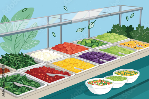 A vibrant vector illustration of a self-serve salad bar with fresh greens and various toppings.