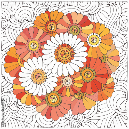 Contour groovy flowers in 70s and 60s style. Vintage hippie outline bouquet. Psychedelic seventies daisies. Vector coloring page.