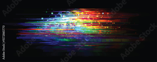 Vector glitch multicolor pixel horizontal distortion. Abstract digital noise effect with vivid color transitions and RGB scatter.