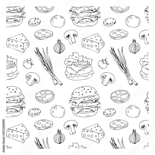 A delightful handdrawn pattern showcases the ingredients and construction of a delicious cheeseburger, perfect for culinarythemed designs