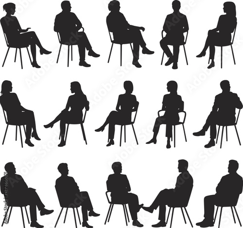 Silhouette set of diverse people sitting on chairs, business waiting room scene, interview posture collection, professional seated illustration, workplace human figure concept art