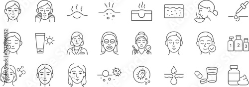 Acne causes, treatments and skincare routines shown in a dermatology icon set. Includes inflammation, hormonal triggers, topical products and hygiene practices vector illustration.