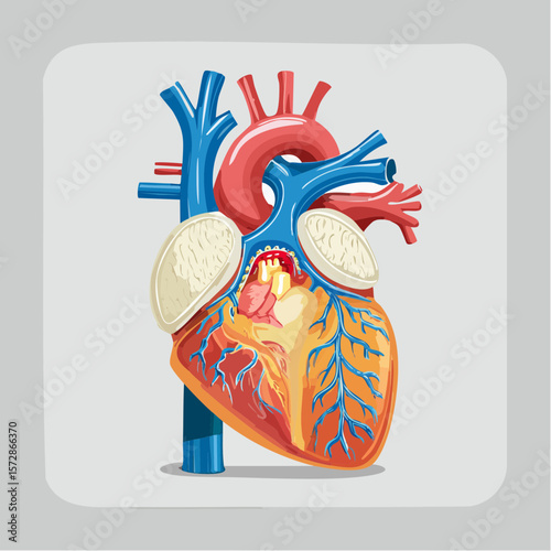 Anatomical Heart: A highly detailed anatomical heart illustration, showcasing intricate blood vessels, arteries, and chambers, rendered in vibrant colors and precise detail.
