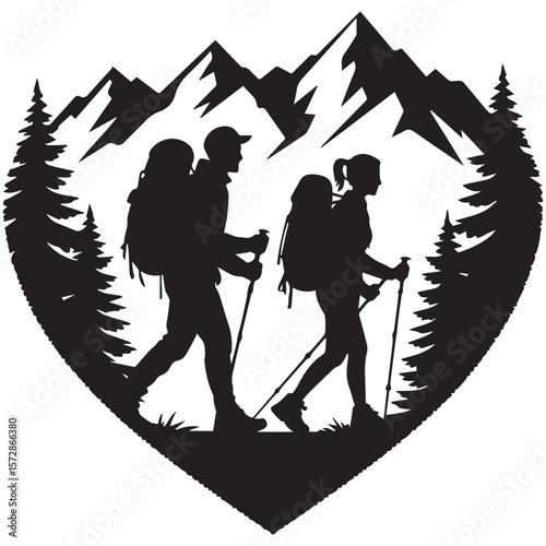 Silhouetted hikers with backpacks traverse a heartshaped mountain path, symbolizing an adventurous journey for two