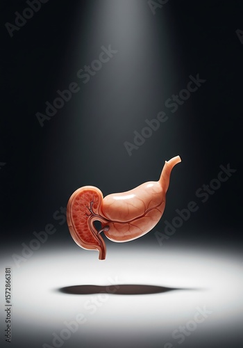 Anatomical stomach model illuminated in spotlight against dark b