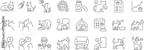 Line icons illustrating common feline behavioral issues, treatments and consultation scenarios. Cat stress, aggression, anxiety, training and health vector illustration set.