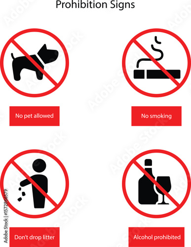Prohibited circle sign for pets, smoking, litter, and alcohol. Prohibition red icon. Ban icon. Red circle with a cross line symbol. Caution frame symbol. Forbidden sign.