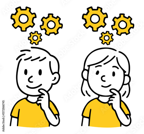 Cute Boy And Girl Thinking with Yellow Gears Above Head. Thought Process, Thinking Kids, Educational Concept, Ideas and Imagination Doodle Style Art. Hand-Drawn Vector Illustration