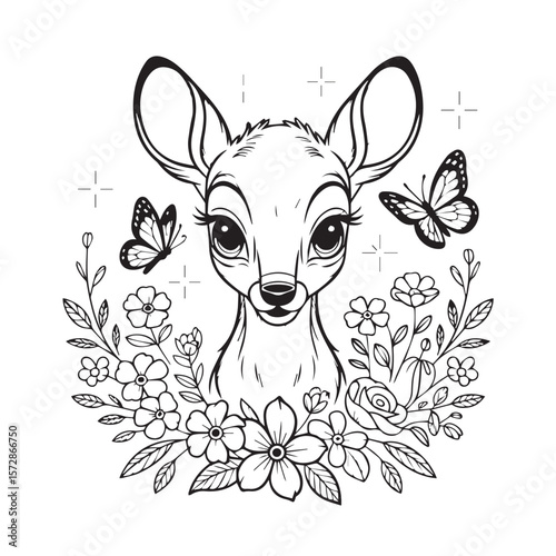 An adorable fawns face is nestled amongst a delicate wreath of flowers and butterflies, creating a charming black and white illustration