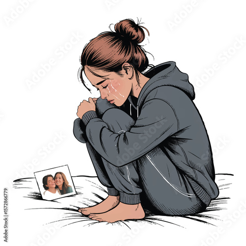 A young woman sits alone, tears streaming down her face as she clutches a cherished photograph, a poignant depiction of sorrow