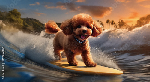 Happy Smiling Poodle Enjoying Surfing at Sunset