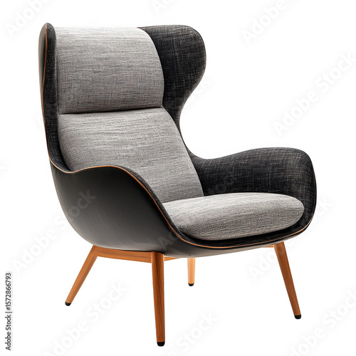 Modern wingback armchair with textured fabric and wooden legs isolated on transparent background