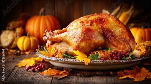 Roasted turkey with autumnal decorations on a platter.