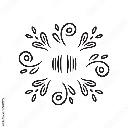 A symmetrical floral design with a central striped element, creating a visually appealing black and white vector illustration