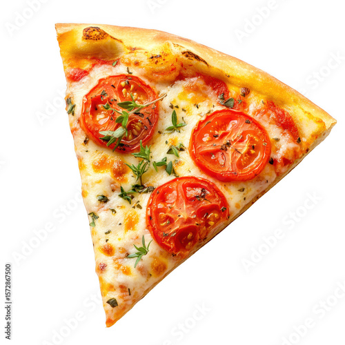 Delicious slice of margherita pizza with fresh tomatoes and herbs isolated on transparent background